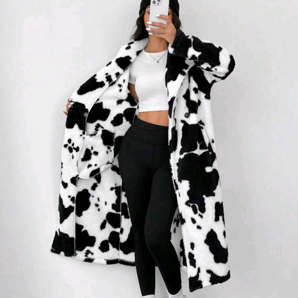 Women's Cow Print Faux Fur Long Coat - Picture 3 of 8